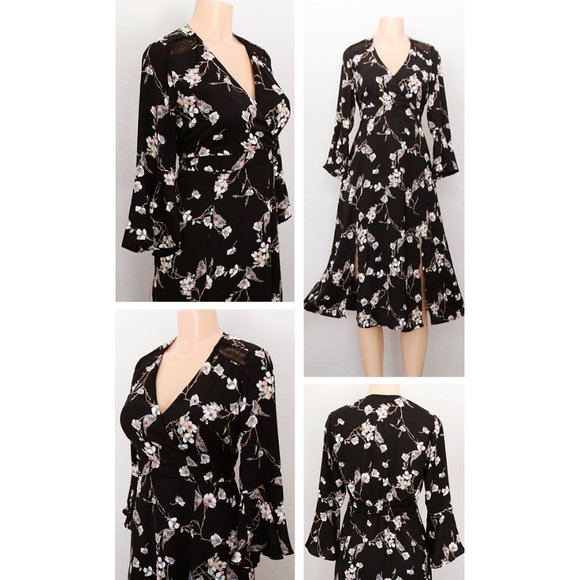 NEW Black Floral Bird Wrap V Neck Slit Midi Dress - Picture 3 of 8